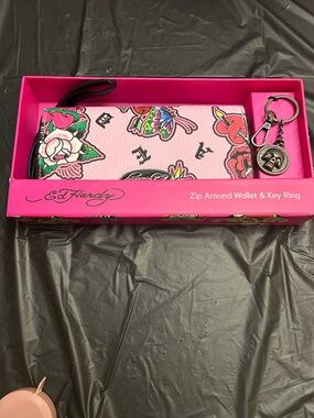 Ed Hardy Pink Floral Tattoo Zip-Around Wallet with Key Ring NWT